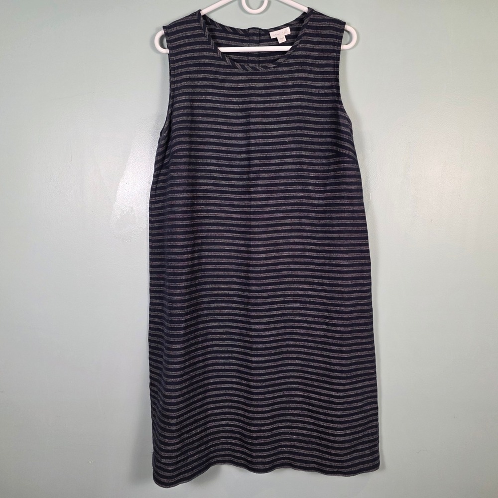 J.Jill Love Linen Navy Blue White Striped Sleeveless Shift Dress Womens Medium